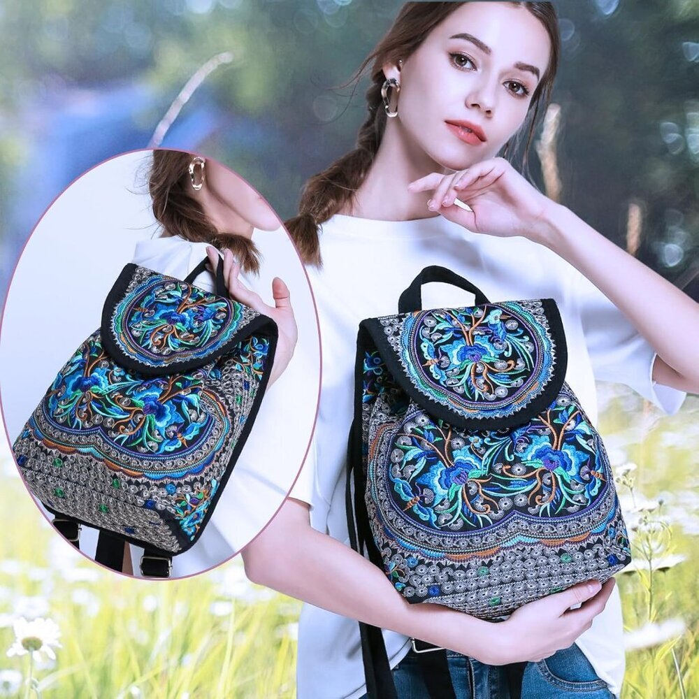 Vintage Embroidered Women Backpack Ethnic Travel Handbag Shoulder Bag, 12x10x5 i - Picture 7 of 7
